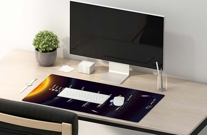 SSOIU Extended Gaming Mouse Pad XXL ArtSo Large Keyboard Mat Long Mousepad Desk Decor Writing Pad Non Slip Rubber Base Stitched Edges for Work, 35.5" x 15.7", Solar System with Scientific Information