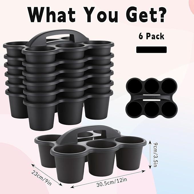 6 Pack Classroom Caddy with Handle Plastic Storage Caddy Organizer with 6 Compartments Drink Cup Caddies Holder Portable Storage Bin for Pencil, Crayon, Marker, Home, Office, School Supplies(Black)