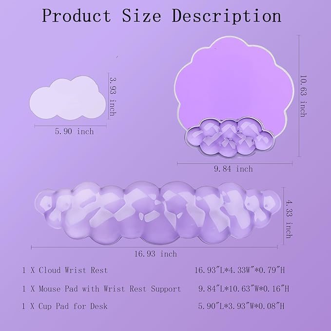 Gel Cloud Wrist Rest Keyboard Clear Purple Mouse Pad with Wrist Rest Set 3PCS Ergonomic Cool Keyboard Wrist Pad Cute Acrylic Coaster Non-Slip Base Cute Transparent Mouse Wrist Pad Support for Computer