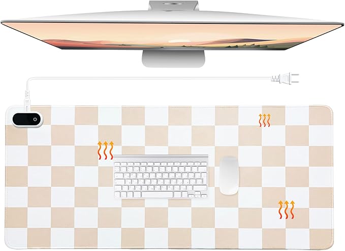 Konohan Heated Large Desk Mat PU Leather Cute Warm Mouse Pad with 5 Heating Level & 4 Hour Auto Shut-off Heating Keyboard Pad Warmer Gaming Mice Mat Only Supports 110v(beige checkerboard, 31.5" X 13")