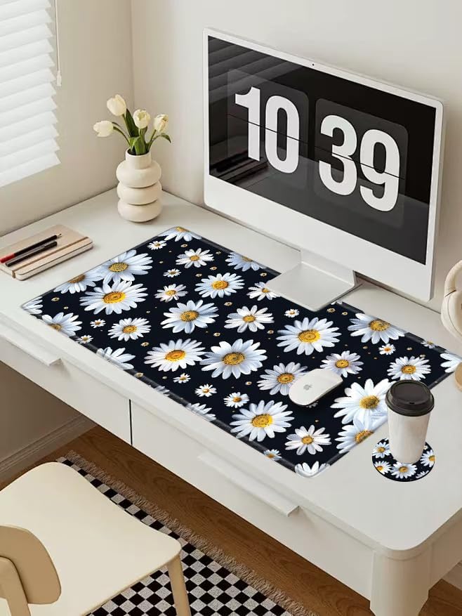 Large Mouse Pad Gaming Desk Pad Daisy Mousepad for Wireless Mouse XXL 31.5''X15.75'' Big Desk Mats Extended Mouse Mat of Girl Desktop Computer with Coaster