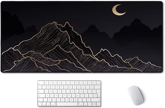 SSOIU Mountain & Moon Landscape Black Desk Mat, Boho & Gaming Mouse Pad, XXL 35.5" X 15.7", Waterproof With Stitched Edges