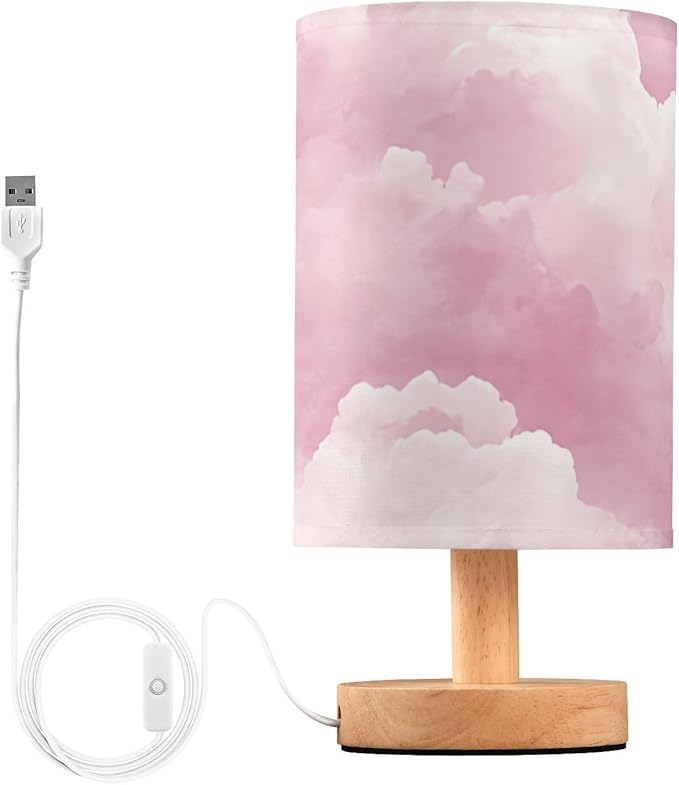 Pink Cloud LED Table Lamp, Bedside Lamp with Linen Lampshade, Flicker-Free Eye Care USB Plug in Nightstand Lamp, for Bedroom and Office