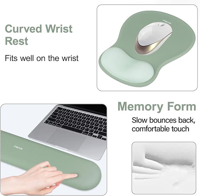 MOSISO Wrist Rest Support for Mouse Pad&Keyboard Set, Curved Ergonomic Mousepad&Coaster Non-Slip Base Home/Office Pain Relief&Easy Typing Cushion with Soft Cloth&Silicone Lining, Green
