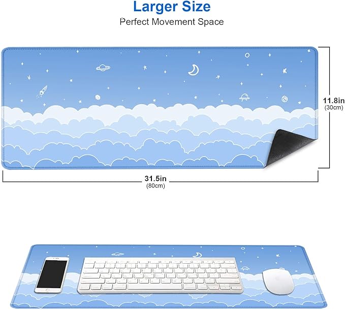 IMAYONDIA Cute Pastel Blue Desk Mat, Aesthetic Stars Moon Desk Pad, Kawaii Anime Deskmat, Gradient White Clouds Computer Pad, Minimalist Large Gaming Mouse Pad Mousepad, 31.5 X 11.8 Inch