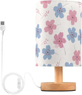 Blue Floral LED Table Lamp, Bedside Lamp with Linen Lampshade, Flicker-Free Eye Care USB Plug in Nightstand Lamp, for Bedroom and Office