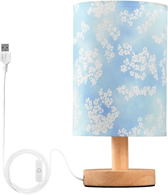 Blue Snowflake LED Table Lamp, Bedside Lamp with Linen Lampshade, Flicker-Free Eye Care USB Plug in Nightstand Lamp, for Bedroom and Office