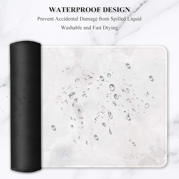 Auhoahsil Large Mouse Pad, Full Desk XXL Extended Gaming Mouse Pad 35" X 15", Waterproof Desk Mat w/Stitched Edges, Non-Slip Laptop Computer Keyboard Mousepad for Office and Home, White Marble Design