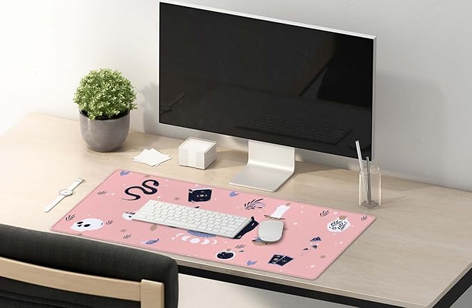 SSOIU Large Mouse Pad, Cute Pink Goth Desk Mat for Desktop, Women Girls Waterproof Gaming Mousepad, Boho Witch Computer PC Laptop Protector Writing Pads for School Office Home 35.5" x 15.7"