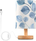 Blue Leaf LED Table Lamp, Bedside Lamp with Linen Lampshade, Flicker-Free Eye Care USB Plug in Nightstand Lamp, for Bedroom and Office