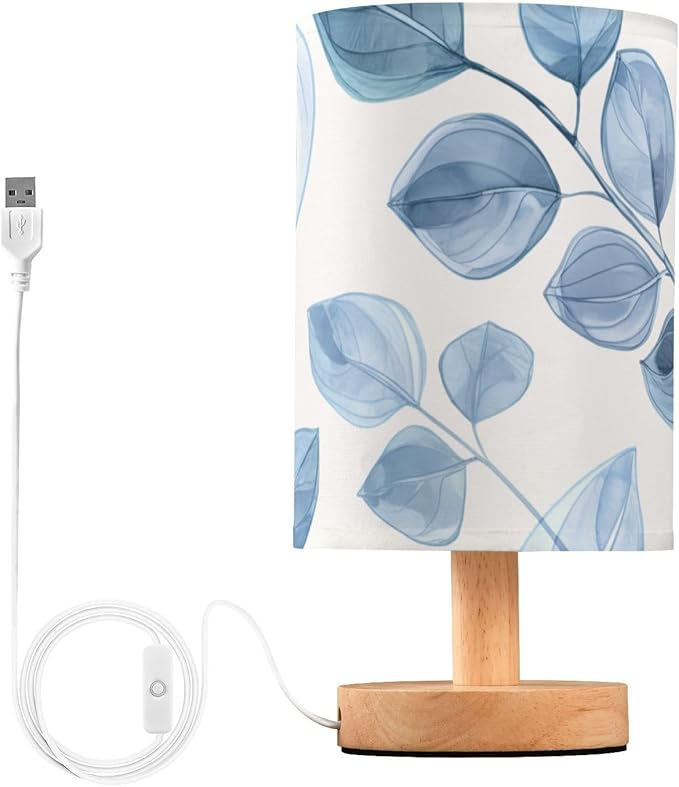 Blue Leaf LED Table Lamp, Bedside Lamp with Linen Lampshade, Flicker-Free Eye Care USB Plug in Nightstand Lamp, for Bedroom and Office