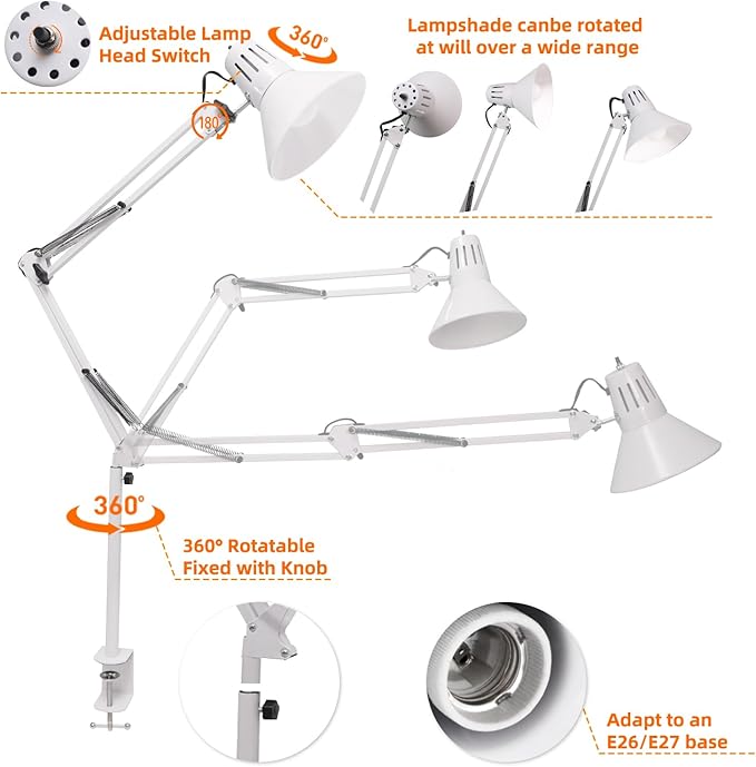LED Desk Lamp With Clamp for Office Home, Eye-Caring Clip on Light with Adjustable Extra Tall Metal Swing Arm, High Intensity Clamp w/A19 E26 Bulb for Working Reading, 3000k Table Lamps Warm Light