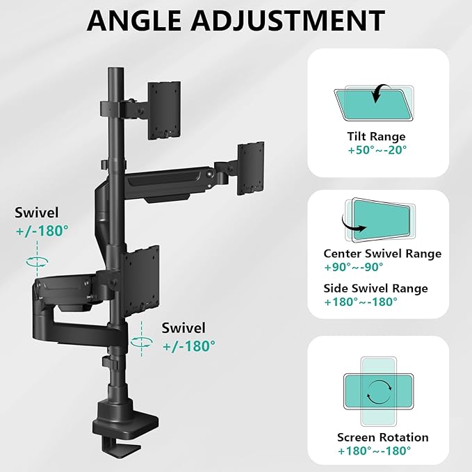 WALI Triple Monitor Mount - Extra Tall 3 Monitor Desk Mount for 13-49 Inch Ultrawide Screens, Up to 44 lbs, Fully Adjustable Heavy Duty Gas Springs, VESA 75/100 mm (GSDM003-P), Black