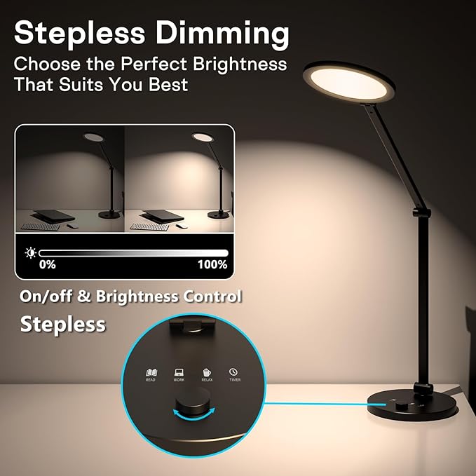 LED Desk Lamp for Home Office, Eye-Caring Modern Desk Light, 3 Color Temperature 10 Brightness Computer Light, Dimmable Desk Light with Memory & Timer Func, Metal Swing Arm Table Lamp (Black)