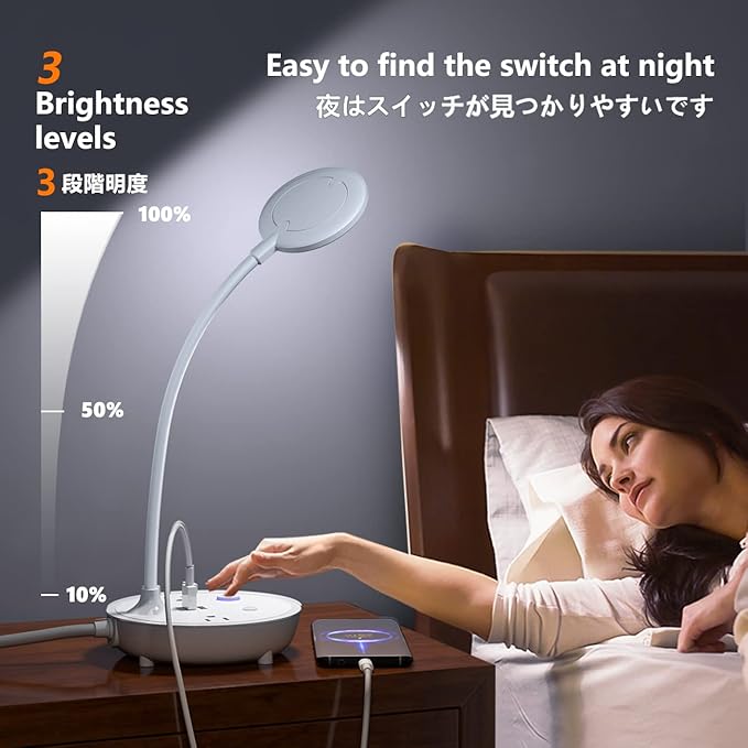 Bodun LED Desk Lamp with 2 USB Charging Port and 2 AC Power Outlet - Adjustable Gooseneck, 3 Level Brightness, Eye-Caring Small White Table Lamp for Home Office College Dorm Room Essentials