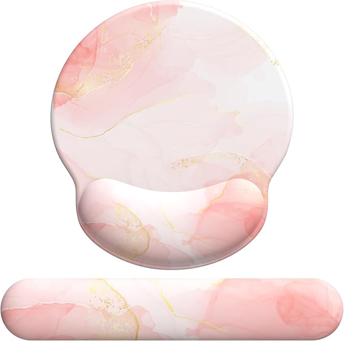 eulps Mouse Pad Wrist Support, Ergonomic Memory Foam Keyboard Wrist Pad & Gel Wrist Rest Set for Computer Keyboard for Easy Typing for Office & Home (Pink Marble)