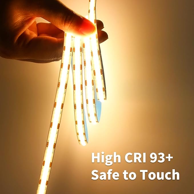 16.4FT/5M COB LED Strip Light, Warm White 3000K LED Tape Lights, Cuttable LED Lights CRI93+ Flexible Dimmable Light Strip for Bedroom TV Backlight Mirror Kitchen Cabinet Decor(with Plug)