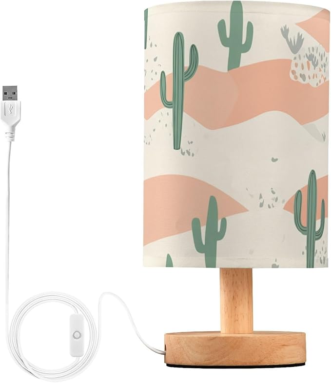 Desert Cactus LED Table Lamp, Bedside Lamp with Linen Lampshade, Flicker-Free Eye Care USB Plug in Nightstand Lamp, for Bedroom and Office