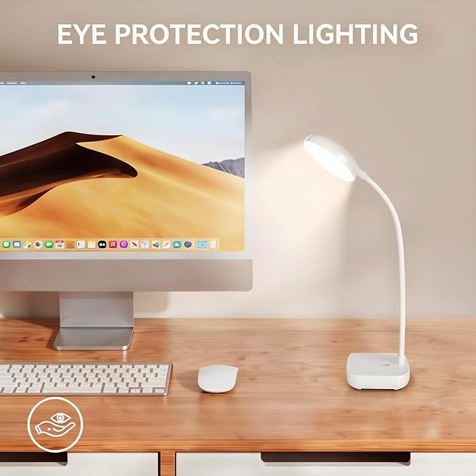 White Small Battery Powered Desk Lamp,Battery operated lamp,5W Rechargeable desk light,3 Colors,Adjustable brightness,360°Gooseneck Hose,Cordless lamps for small spaces,Eye-friendly and Energy Saving