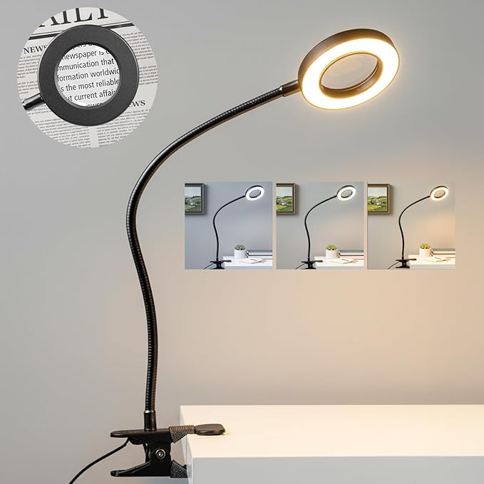 Clip on Lamp, 5X Magnifying Glass with Light LED Desk Lamp with Clamp Bright Clip Light for Bed Bedside Table, Adjustable Reading Light for Bed, Desk Lights (Black with Magnifying)