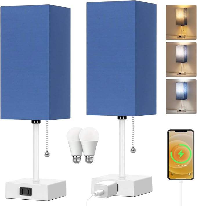 Table Lamp for Bedroom set of 2,3-Color Bedside Lamps with Pull Chain Table Lamps for Nightstand with AC Outlets,Small Night Light Lamps with 2 Bulbs Lamps for Living Room Kids Room Office Decor（Blue）