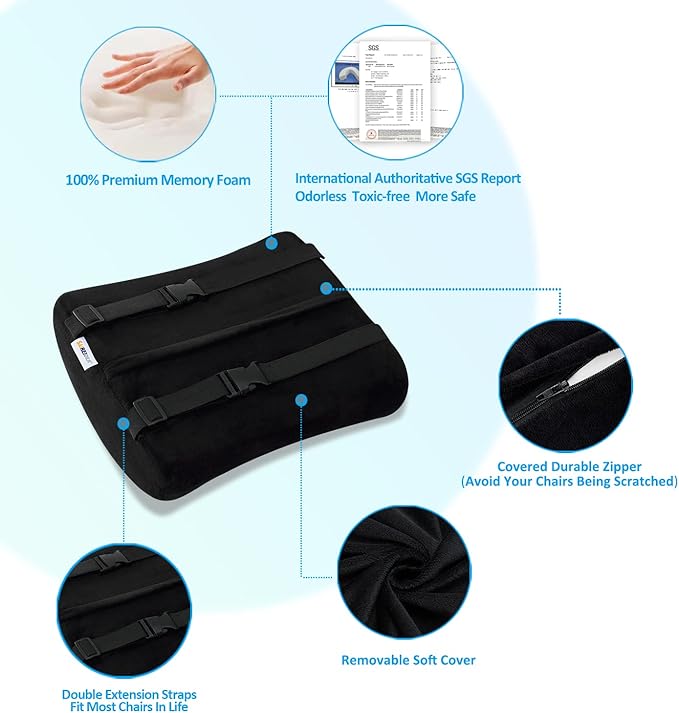 SAIREIDER Comfortable Lumbar Support Pillow for Office Chair, Memory Foam Back Support Pillows for Car、Gaming Chair、 Home Chair, Back Support Improve Posture, Double Adjustable Straps(Black)