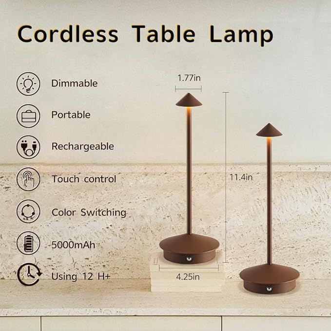 2 Pack Aluminum Cordless Table Lamp, 6000mAh Rechargeable Table Lamps, Portable Touch LED Lamp, Outdoor Waterproof Dimmable Cordless Rechargeable Table Lamps for Restaurant/Patio- Black (Zongse)
