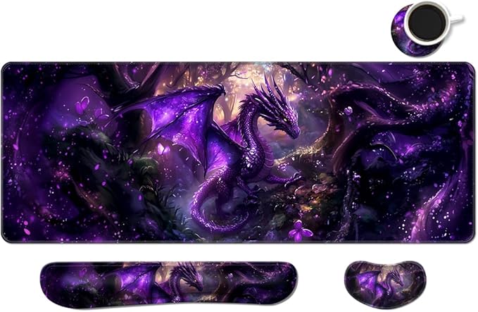 MIBITRI Keyboard Mouse Pad Set, Extended Gaming Mouse Pad+Ergonomics Keyboard Wrist Rest Support, Memory Foam, Easy Typing, 4Pcs XXL Ultra Thick Desk Mat, Dragon