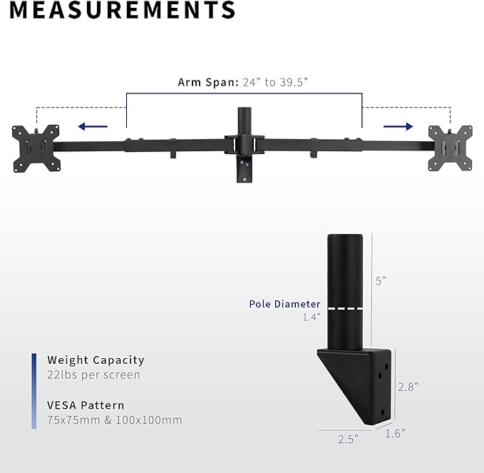 VIVO Premium Dual Ultra Wide LCD LED 27 to 38 inch Monitor Wall Mount, Heavy Duty, Telescoping Arms, Flush Wall Setup, Fits 2 Screens, Black, MOUNT-TS38B