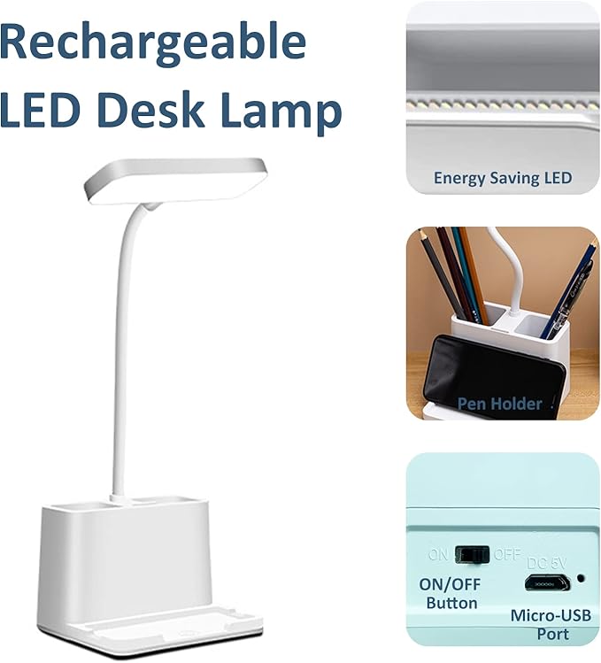 TOPROAD LED Small Desk Lamp with Pen Holder/Phone Holder Function, Rechargeable Desk Light with Flexible Gooseneck, 3 Modes, Eye Caring, Small Study Lamp for Kids, Home, Office, College Dorm Room
