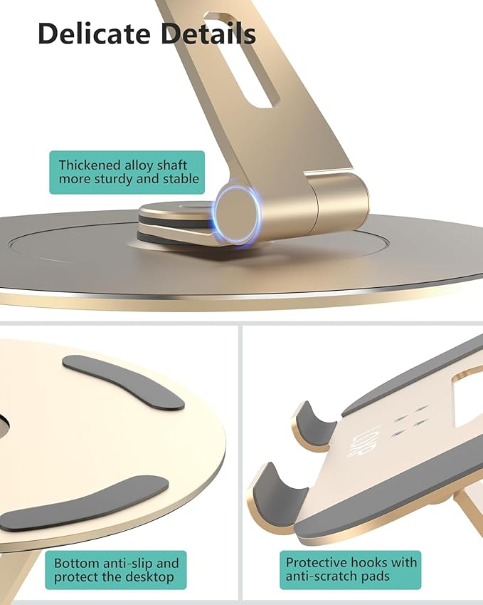 Ultra-Stable Aluminumy Laptop Stand for Desk with Foldable Phone Holder, 300% Large Base Stability, Anti-Loosening, Lectern Stand Suitable for 10"-17.3" Laptops, Champagne Golden