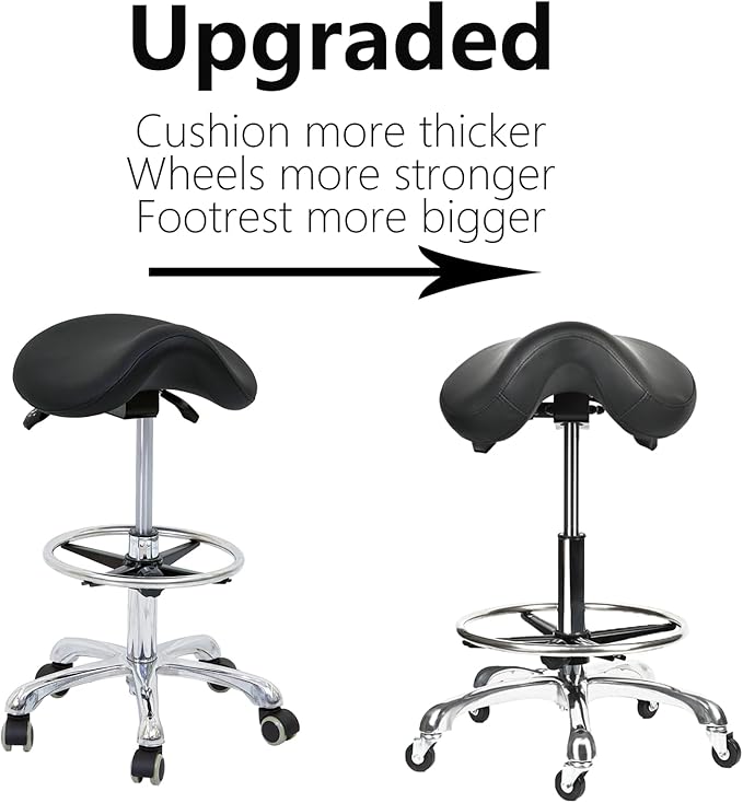 Saddle Tilting Stool Rolling Chair with Thicker Seat Swivel Ergonomic Height Adjustable Footrest Wheels for Beauty Spa Salon Dental Medical Clinic Kitchen Home Office Shop Bar Black