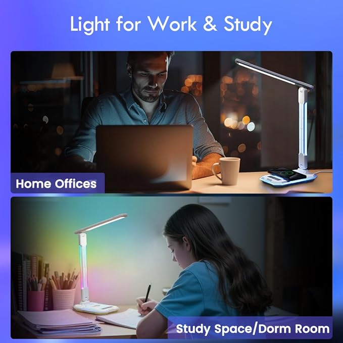 WILIT Desk Lamp for College Dorm Room, RGB Gaming Desk Light with Wireless Charging & USB Port, Gamer lamp Sound Reactive,3 Color Modes 5 Brightness,Reading Lamp Touch Control for Home Office,Study