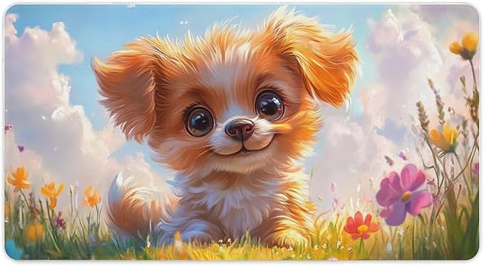 Large Ergonomic Gaming Mouse Pad Charming Fluffy Dog in Bright Meadow - Cute Pet Theme with Non-Slip Base Water-Resistant Surface and Stitched Edges 40X75cm