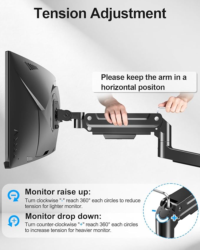 Monitor Wall Mount fits 22"-49" Ultrawide Flat & Curved Screens, Heavy Duty Single Monitor Wall Arm Holds 2.2 to 44 lbs, Full Motion Adjustable Wall Bracket, VESA Mount 75x75mm/100x100mm