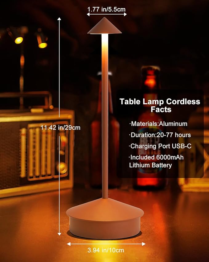2 Pack Aluminum Cordless Table Lamp, 6000mAh Rechargeable Table Lamps, Portable Touch LED Lamp, Outdoor Waterproof Dimmable Cordless Rechargeable Table Lamps for Restaurant/Patio- Black (1 Pcs Brown)