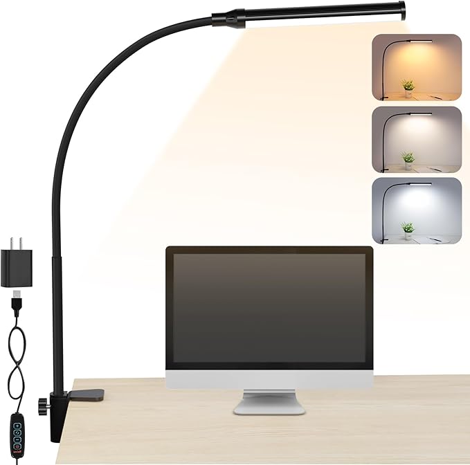 ShineTech LED Desk Lamp with Clamp, Clip On Desk Lamp for Home Office, 3 Color Modes & Stepless Dimming, Flexible Gooseneck Architect Desk Light, Eye Caring Reading Lamp with USB Adapter