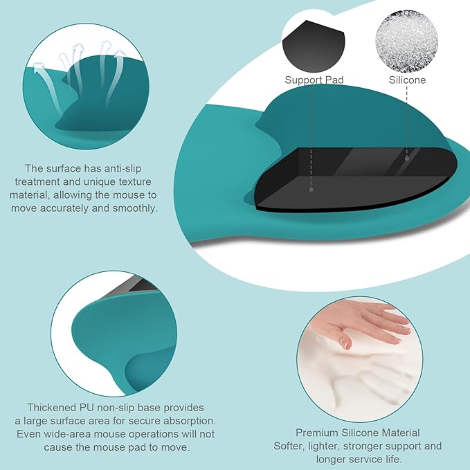 MOSISO Wrist Rest Support for Mouse Pad&Keyboard Set, Circle Curved Ergonomic Mousepad&Coaster Non-Slip Base Home/Office Wrist Support&Easy Typing Pad with Soft Cloth&Silicone Lining, Teal Green