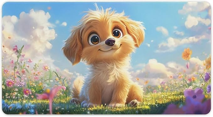 Large Ergonomic Gaming Mouse Pad Fluffy Puppy in Sunny Meadow - Cute Dog Theme with Non-Slip Base Water-Resistant Surface and Stitched Edges 40X75cm