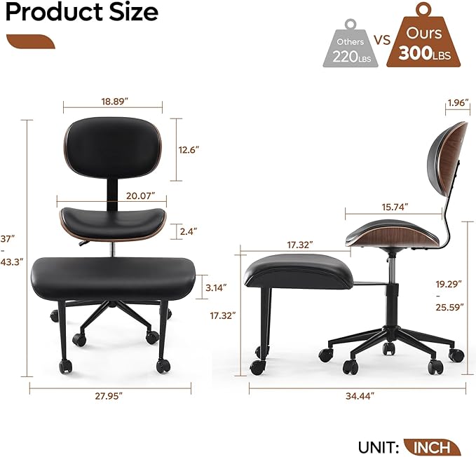 Bestier Cross Legged Office Chair with Wheels, Ergonomic Wide Meditation Chair for Adults up to 300 lbs, 360° Swivel Seat for ADHD, Strong Lumbar Support for Kneeling Meditation Black PU Leather