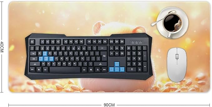 Large Ergonomic Gaming Mouse Pad Happy Hamster with Sunflower Seed - Cute Animal Theme with Non-Slip Base Water-Resistant Surface and Stitched Edges 40x90cm
