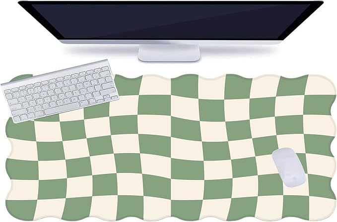 L-SPOUTTO Green Mouse Pad,Geometric Desk Mat XXL Large Scalloped Gaming Mousepad,35.4x15.7in Non-Slip Rubber Base Keyboard Pad Waterproof Desktop Mat for Laptop Computer Game Home Office-Checkered