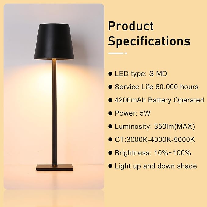 COSYLUX Portable Cordless Small Table lamp, Color & Brightness Dimmable Night Light with Touch Sensor, Rechargeable Battery Operated LED Nightstand Lamp for Bedroom Bedside, Black