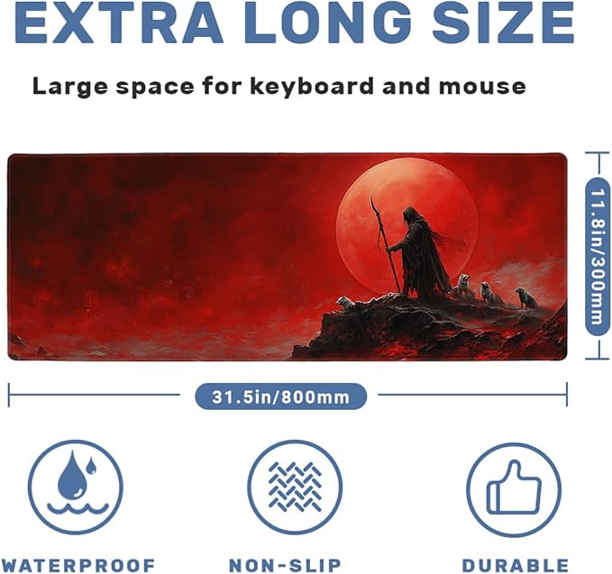 Red Moon Desk Mat Gaming Mouse Pad Dark Red Sky Mousepad for Keyboard and Mouse Extra Large Full Desk Computer Pads 31.5 x 11.8 Mouse Pads for Desk Home Office Gaming