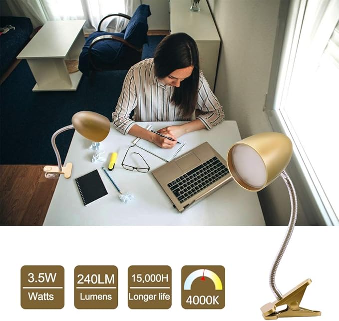Energetic Lighting Clip on Light for Bed, Non-Dimmable Clip on Reading Light for Bed, 4000K Cool White, 3.5W 240 LM Desk lamp with clamp, Eye Protection, ETL Listed, Gold