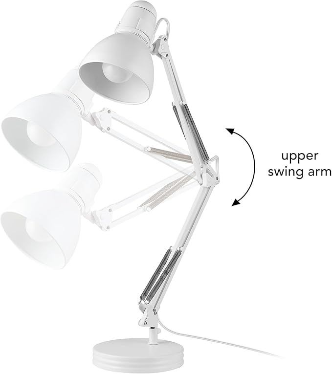 Globe Electric 52024 28" Swing Arm Architect Desk Lamp, Matte White, Rotary Switch on Shade, Partially Adjustable Arm, Modern Lighting for Bedroom or Office, Timeless, Indoor Lights