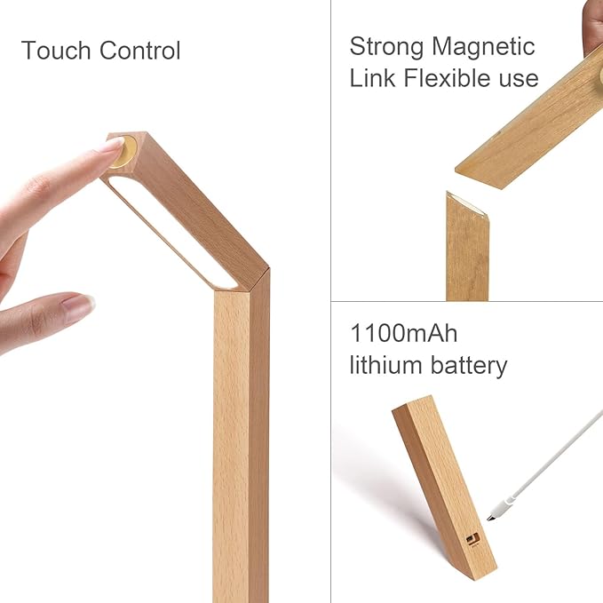Wooden Desk Light ，Dimmable Desk Lamp for Home Office with USB Wireless Charging Port ，Touch Control RotatableDesk Adjustable Night Light(Beech Wood)