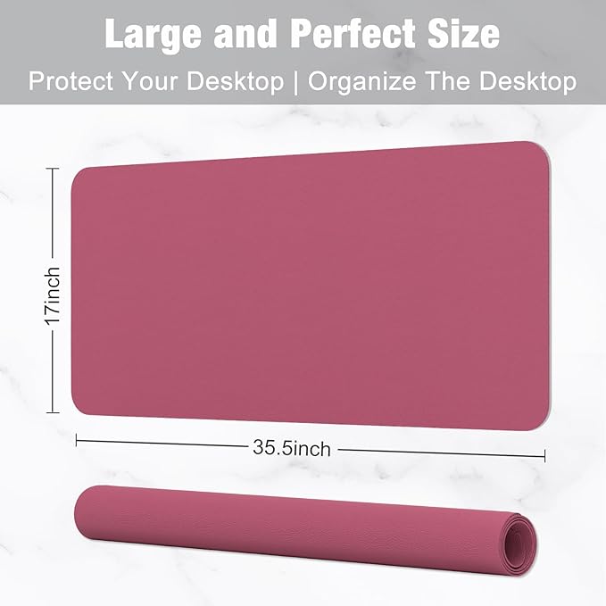 Hsurbtra Desk Pad, 35.5" x 17" PU Leather Desk Mat, XXL Extended Mouse Pad, Waterproof Desktop Blotter Protector, Non-Slip Ultra Thin Large Laptop Keyboard Writing Mat for Office Home, Deep Red