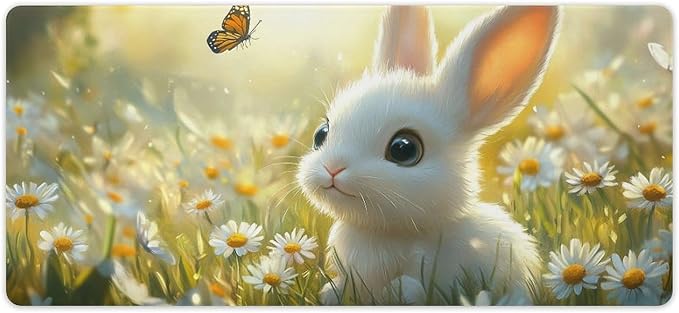 Large Ergonomic Gaming Mouse Pad Baby Bunny in Daisy Field - Sweet Rabbit Theme with Non-Slip Base Water-Resistant Surface and Stitched Edges 40x90cm
