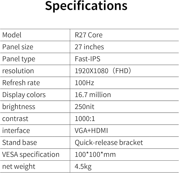 27 Inch Computer Monitor, 100Hz FHD 1080P, Fast-IPS Panel FreeSync Support, 100% sRGB, Eye Care, Frameless 3-Side Borderless Design, HDMI & VGA Ports 100x100mm VESA Mountable (R27 Core)